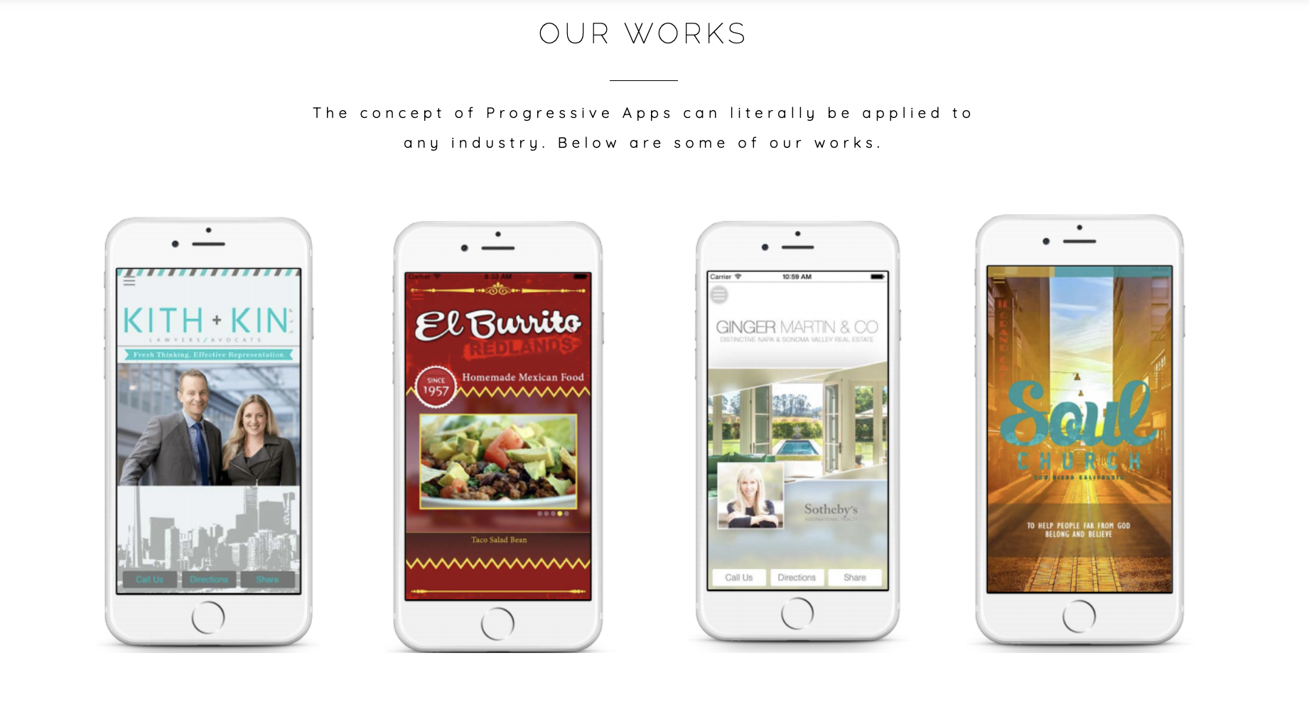 Progressive web apps built for Kith + Kin, El Burrito, Ginger Martin & Co and Soul Church